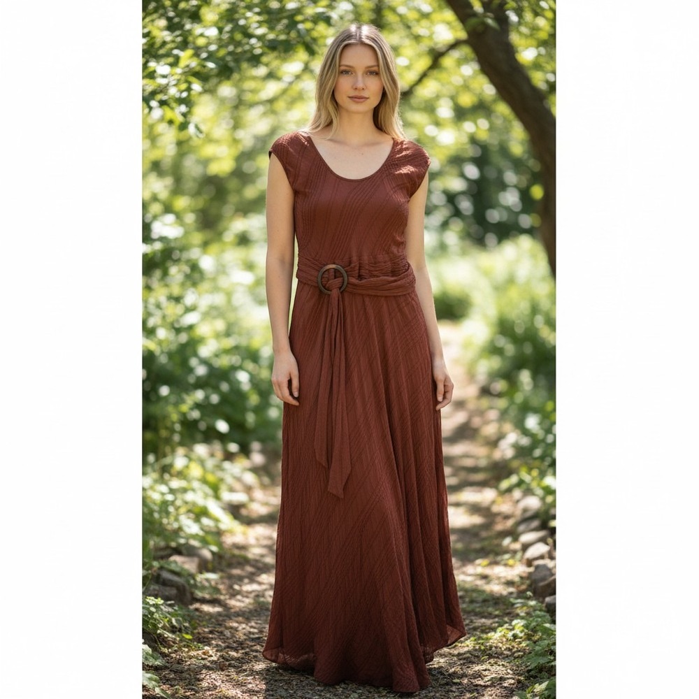 Moulinette Soeurs Maxi Y2K Dress 0 Rust Brown Textured Belted Anthropologie